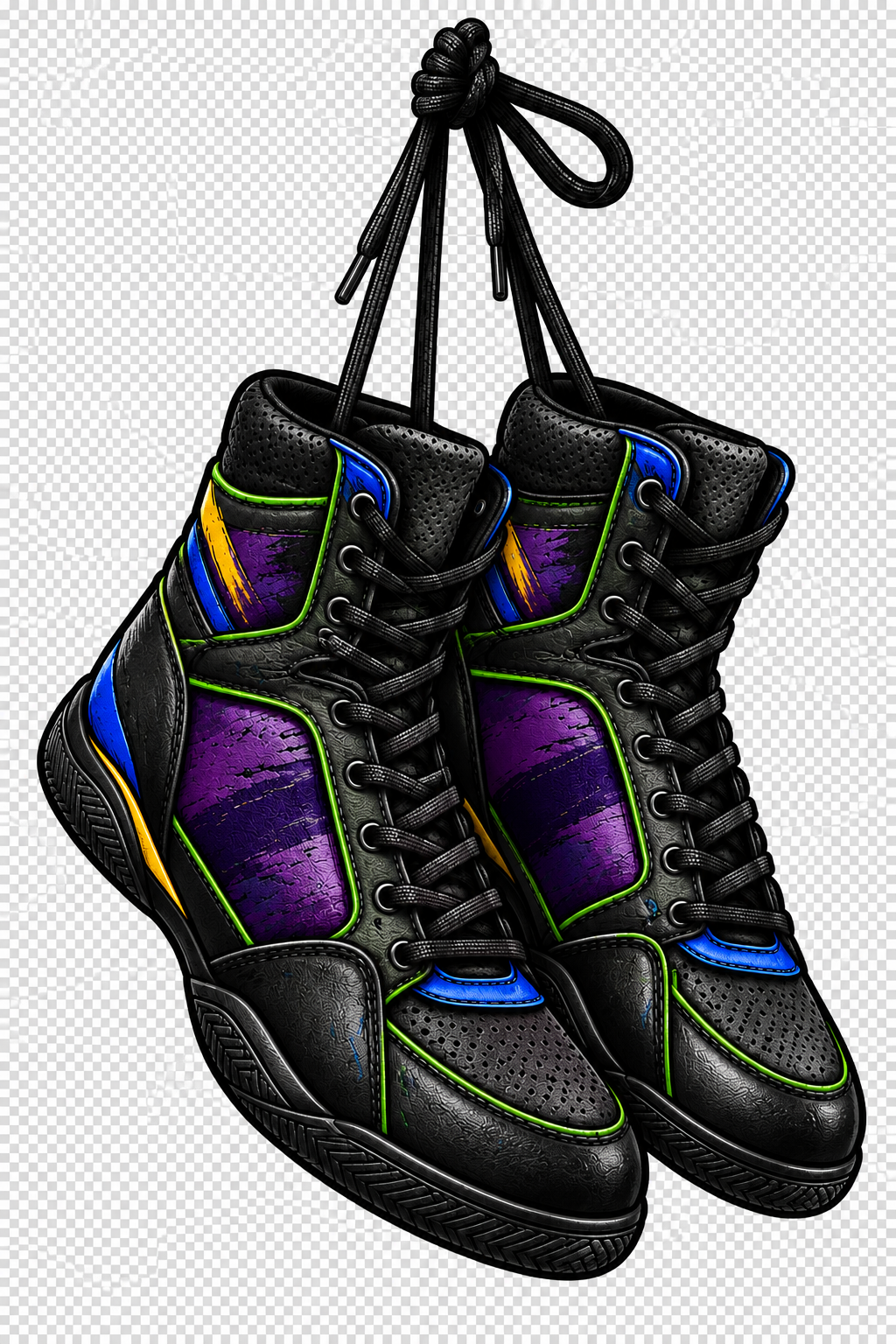 Black boxing shoes hanging together by their laces with purple, green, blue, and yellow accents