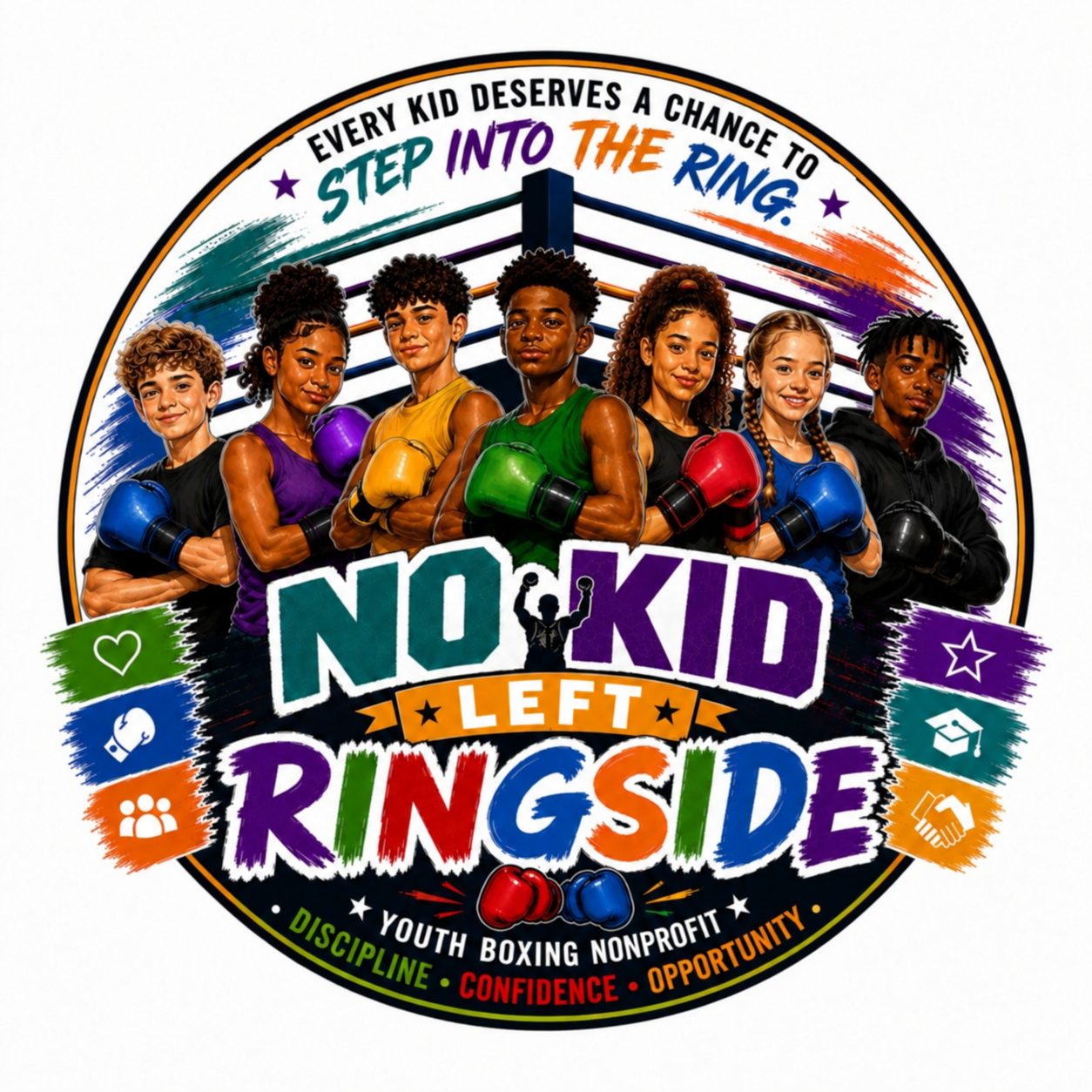 No Kid Left Ringside logo featuring seven young boxers