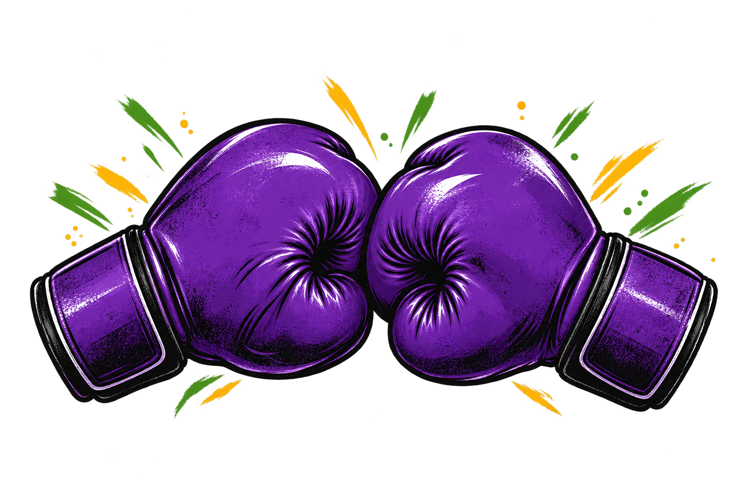 Illustrated purple boxing gloves with colorful energy accents