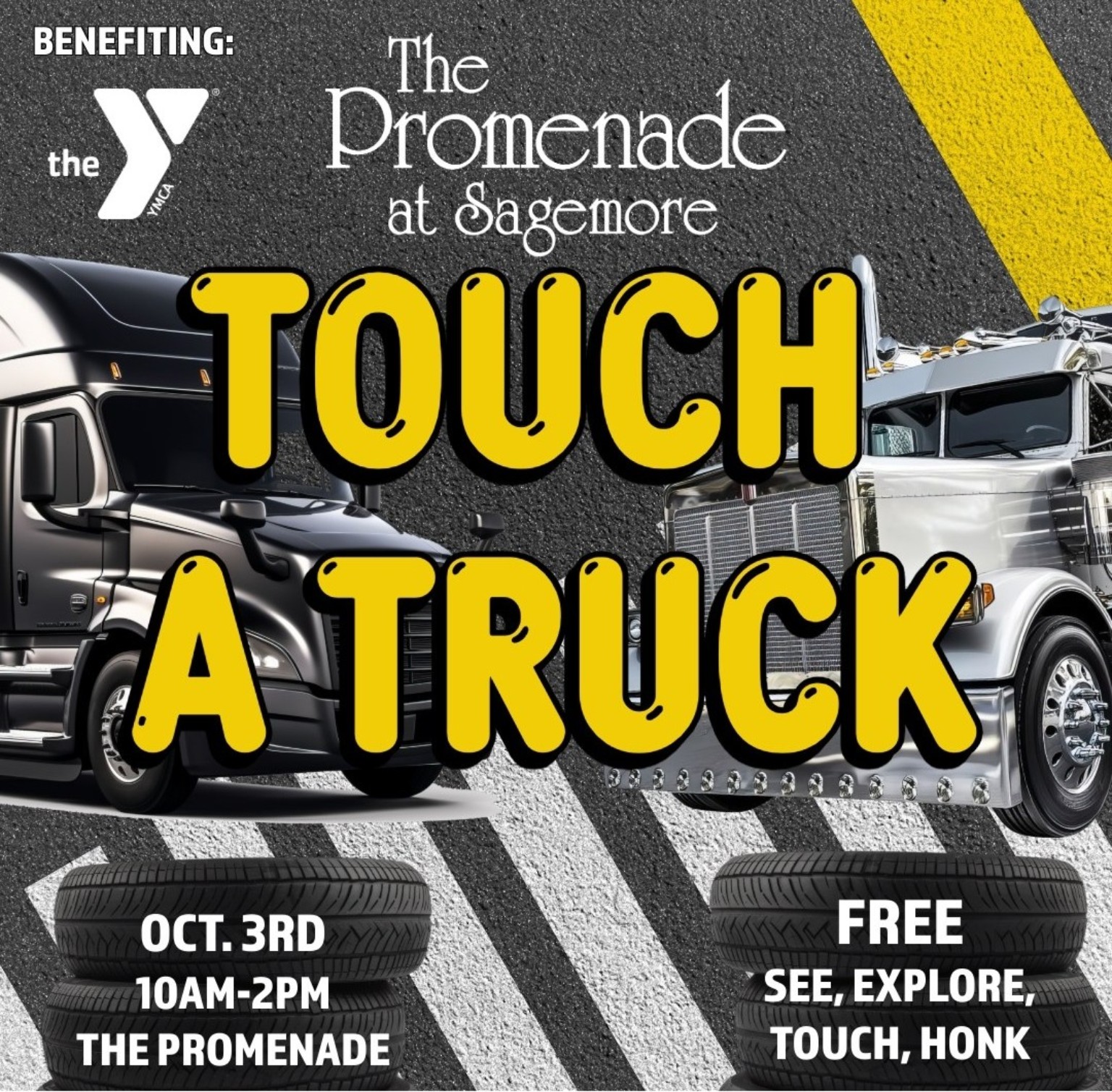 Touch-A-Truck event flyer for October 3 from 10 AM to 2 PM at The Promenade at Sagemore